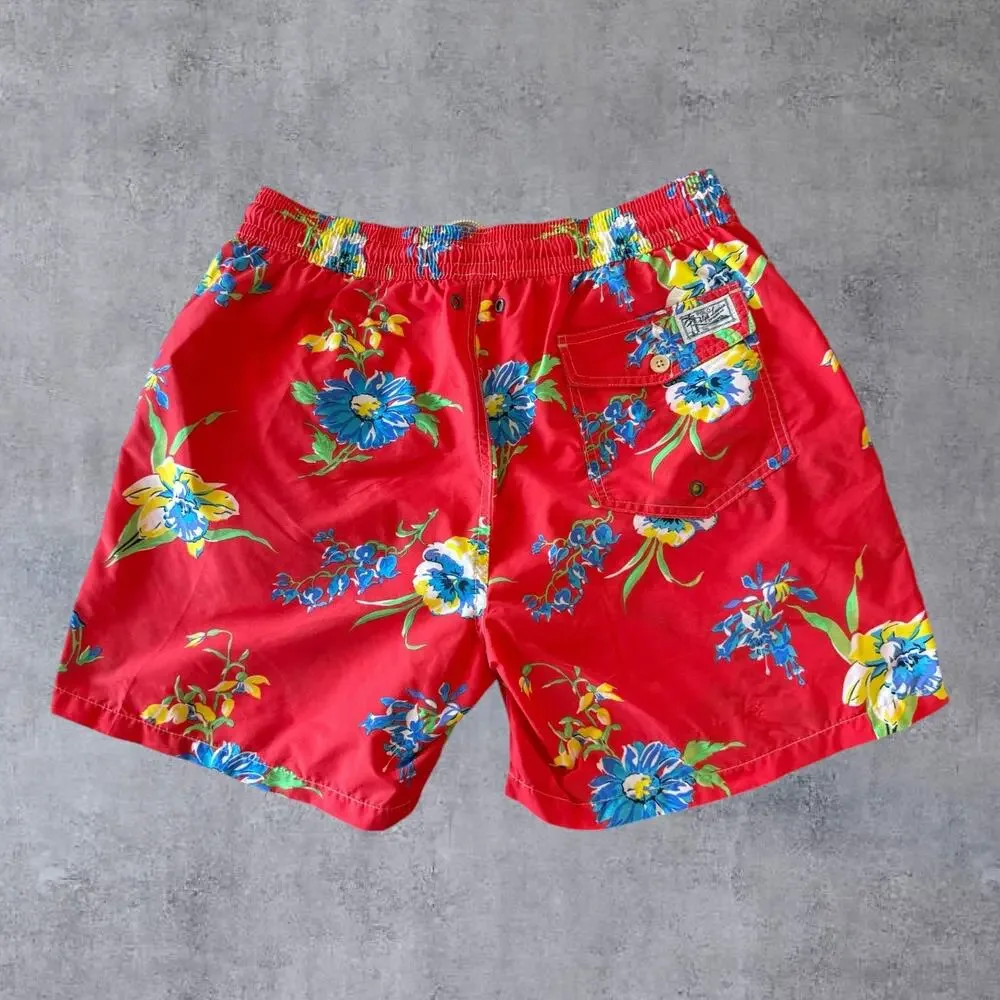 Vintage 90s Polo Ralph Lauren Swim Trunks Shorts Mens Medium M Red Floral Hawaii